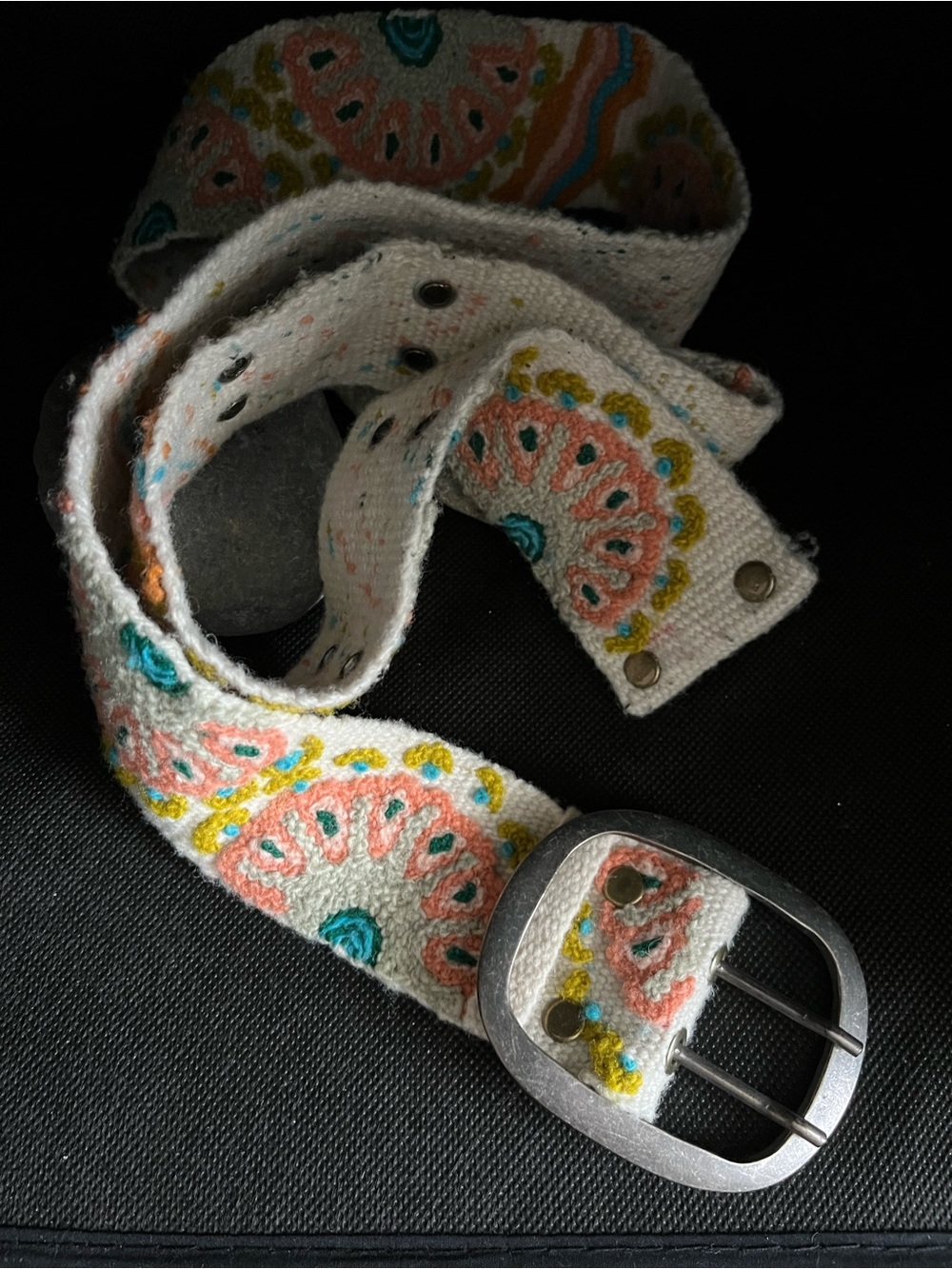 Free People White Embroidered Belt with Pink, Teal & Yellow Accents